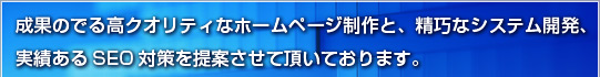 成果のでる高クオリティーなホームページ制作と、精巧なシステム開発、実績あるSEO対策を提案させて頂いております。